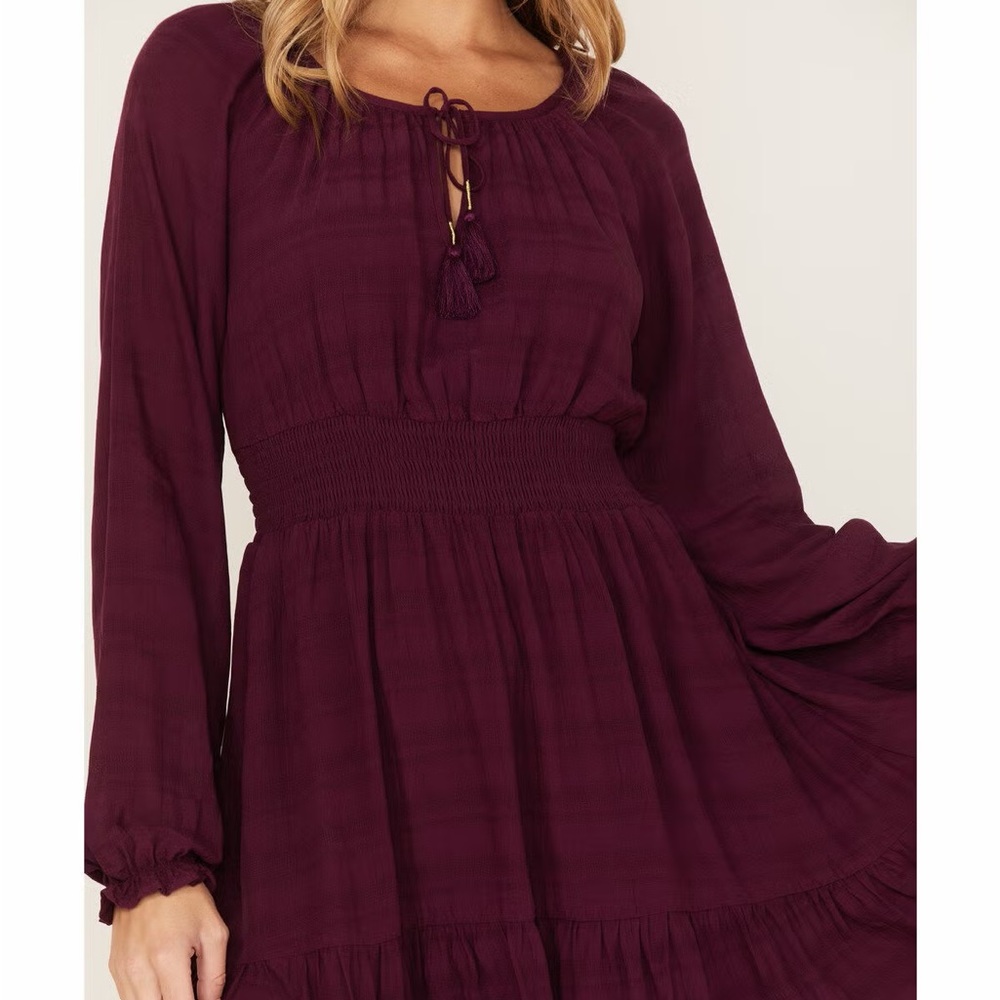 Idyllwind Black Long-Sleeve Smocked Waist Tie-Neck Dress
